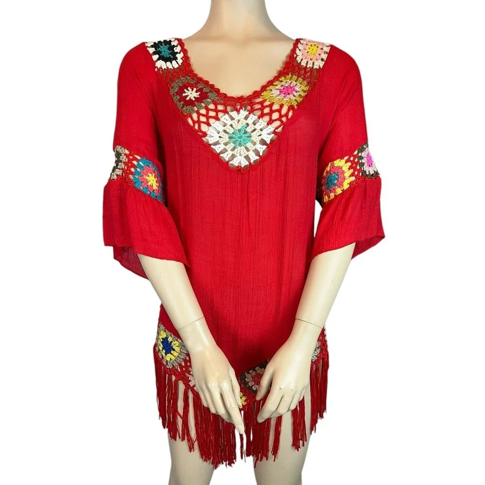 Dasayo Boho V-Neck Red Crochet Trim Swim Cover-up Size M Boho Grandmacore
